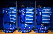 19 April 2025; The kits of front row players, from left, Jack Boyle, Gus McCarthy and Thomas Clarkson in the Leinster dressingroom before the United Rugby Championship match between Leinster and Ulster at the Aviva Stadium in Dublin. Photo by Brendan Moran/Sportsfile