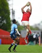 19 April 2025; Tom Ahern of Munster in action against Canan Moodie of Vodacom Bulls during the United Rugby Championship match between Munster and Vodacom Bulls at Thomond Park in Limerick. Photo by David Fitzgerald/Sportsfile