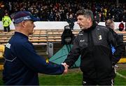 19 April 2025; Kilkenny manager Derek Lyng, right, and Galway manager Micheál Donoghue shake hands after the Leinster GAA Hurling Senior Championship Round 1 match between Kilkenny and Galway at UPMC Nowlan Park in Kilkenny. Photo by Seb Daly/Sportsfile