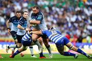 19 April 2025; Jack Aungier of Connacht is tackled by Louw Nel and JD Schickerling of DHL Stormers during the United Rugby Championship match between DHL Stormers and Connacht at DHL Stadium in Cape Town, South Africa. Photo by Shaun Roy/Sportsfile