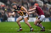 19 April 2025; Mikey Butler of Kilkenny is tackled by Conor Whelan of Galway during the Leinster GAA Hurling Senior Championship Round 1 match between Kilkenny and Galway at UPMC Nowlan Park in Kilkenny. Photo by Seb Daly/Sportsfile