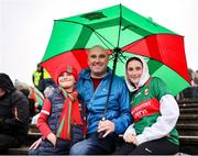 19 April 2025; Mayo supporters James, Laurena, age 12, and Cathal Byrne, age 5, during the Connacht GAA Football Senior Championship semi-final match between Leitrim and Mayo at Avant Money Páirc Seán Mac Diarmada in Carrick-on-Shannon, Leitrim. Photo by Thomas Flinkow/Sportsfile