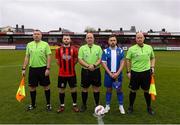 19 April 2025; Referee Declan Troy and his officials with Ringmahon Rangers FC captain Anthony McAlavey, left, and College Corinthians AFC captain Craig Donnellan before the FAI Intermediate Cup final match between College Corinthians AFC and Ringmahon Rangers FC at Turners Cross Stadium in Cork. Photo by Michael P Ryan/Sportsfile