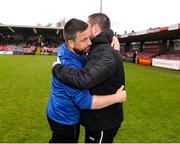 19 April 2025; College Corinthians AFC manager Gary Hackett, left, and Ringmahon Rangers FC manager Aidan Foley embrace after the FAI Intermediate Cup final match between College Corinthians AFC and Ringmahon Rangers FC at Turners Cross Stadium in Cork. Photo by Michael P Ryan/Sportsfile
