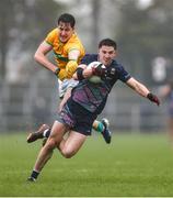 19 April 2025; Enda Hession of Mayo is tackled by Barry McNulty of Leitrim during the Connacht GAA Football Senior Championship semi-final match between Leitrim and Mayo at Avant Money Páirc Seán Mac Diarmada in Carrick-on-Shannon, Leitrim. Photo by Thomas Flinkow/Sportsfile