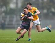 19 April 2025; Enda Hession of Mayo in action against Barry McNulty of Leitrim during the Connacht GAA Football Senior Championship semi-final match between Leitrim and Mayo at Avant Money Páirc Seán Mac Diarmada in Carrick-on-Shannon, Leitrim. Photo by Thomas Flinkow/Sportsfile