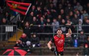 19 April 2025; Ryan McEvoy of Down celebrates after scoring his side's second goal during the Ulster GAA Football Senior Championship quarter-final match between Fermanagh and Down at Brewster Park in Enniskillen, Fermanagh. Photo by Ramsey Cardy/Sportsfile