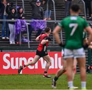 19 April 2025; Ryan McEvoy of Down celebrates after scoring his side's second goal during the Ulster GAA Football Senior Championship quarter-final match between Fermanagh and Down at Brewster Park in Enniskillen, Fermanagh. Photo by Ramsey Cardy/Sportsfile
