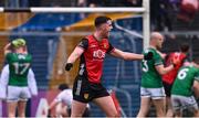 19 April 2025; Aaron McClements of Down celebrates his side's second goal, scored by Ryan McEvoy, during the Ulster GAA Football Senior Championship quarter-final match between Fermanagh and Down at Brewster Park in Enniskillen, Fermanagh. Photo by Ramsey Cardy/Sportsfile