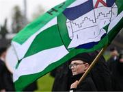 19 April 2025; Fermanagh flafbearer Michael Hamill of the Clonoe Independent Pipe Band, Tyrone, before the Ulster GAA Football Senior Championship quarter-final match between Fermanagh and Down at Brewster Park in Enniskillen, Fermanagh. Photo by Ramsey Cardy/Sportsfile