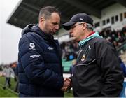 19 April 2025; Leitrim manager Steven Poacher, left, and Mayo manager Kevin McStay shake hands after the Connacht GAA Football Senior Championship semi-final match between Leitrim and Mayo at Avant Money Páirc Seán Mac Diarmada in Carrick-on-Shannon, Leitrim. Photo by Thomas Flinkow/Sportsfile