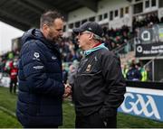 19 April 2025; Leitrim manager Steven Poacher, left, and Mayo manager Kevin McStay shake hands after the Connacht GAA Football Senior Championship semi-final match between Leitrim and Mayo at Avant Money Páirc Seán Mac Diarmada in Carrick-on-Shannon, Leitrim. Photo by Thomas Flinkow/Sportsfile