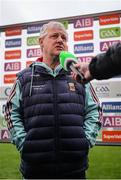 19 April 2025; Mayo manager Kevin McStay is interviewed after his side's victory in the Connacht GAA Football Senior Championship semi-final match between Leitrim and Mayo at Avant Money Páirc Seán Mac Diarmada in Carrick-on-Shannon, Leitrim. Photo by Thomas Flinkow/Sportsfile