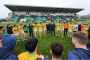 19 April 2025; Leitrim manager Steven Poacher speaks to his players after his side's defeat in the Connacht GAA Football Senior Championship semi-final match between Leitrim and Mayo at Avant Money Páirc Seán Mac Diarmada in Carrick-on-Shannon, Leitrim. Photo by Thomas Flinkow/Sportsfile