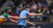 19 April 2025; Danny Sutcliffe of Dublin in action against Ben Conneely of Offaly during the Leinster GAA Hurling Senior Championship Round 1 match between Dublin and Offaly at Parnell Park in Dublin. Photo by Ray McManus/Sportsfile
