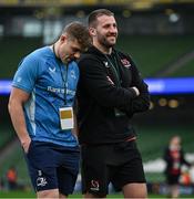 19 April 2025; Garry Ringrose of Leinster, left, and Stuart McCloskey of Ulster before the United Rugby Championship match between Leinster and Ulster at the Aviva Stadium in Dublin. Photo by Brendan Moran/Sportsfile Photo by Brendan Moran/Sportsfile