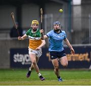 19 April 2025; Conor Burke of Dublin in action against Daniel Bourke of Offaly during the Leinster GAA Hurling Senior Championship Round 1 match between Dublin and Offaly at Parnell Park in Dublin. Photo by Ray McManus/Sportsfile