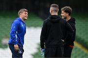 19 April 2025; Fintan Gunne of Leinster in conversation with Ulster players John Cooney, left, and Wilhelm De Klerk before the United Rugby Championship match between Leinster and Ulster at the Aviva Stadium in Dublin. Photo by Brendan Moran/Sportsfile