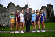 19 April 2025; Leinster LGFA president Arthur Corrigan, centre, with, from left, Offaly captain Faith McDermott, Westmeath captain Aoife Keegan, Kildare captain Tara Rafferty, Dublin captain Charlie Murphy, Wexford captain Kaylee Doyle and Laois captain Faye Brown during the Leinster LGFA Minor Championship Captain's Evening at Trim Castle. Leinster LGFA Minor Captains’ gathered ahead of the 2025 Minor Championship Finals on 19th April at Trim Castle in Navan, Meath. Photo by Ben McShane/Sportsfile