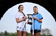 19 April 2025; Minor A finalists Kildare captain Tara Rafferty, left, and Dublin captain Charlie Murphy with the cup during the Leinster LGFA Minor Championship Captain's Evening at Trim Castle. Leinster LGFA Minor Captains’ gathered ahead of the 2025 Minor Championship Finals on 19th April at Trim Castle in Navan, Meath. Photo by Ben McShane/Sportsfile