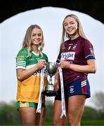 19 April 2025; Minor C finalists Offaly captain Faith McDermott, left, and Westmeath captain Aoife Keegan with the cup during the Leinster LGFA Minor Championship Captain's Evening at Trim Castle. Leinster LGFA Minor Captains’ gathered ahead of the 2025 Minor Championship Finals on 19th April at Trim Castle in Navan, Meath. Photo by Ben McShane/Sportsfile