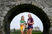 19 April 2025; Minor C finalists Offaly captain Faith McDermott, left, and Westmeath captain Aoife Keegan with the cup during the Leinster LGFA Minor Championship Captain's Evening at Trim Castle. Leinster LGFA Minor Captains’ gathered ahead of the 2025 Minor Championship Finals on 19th April at Trim Castle in Navan, Meath. Photo by Ben McShane/Sportsfile
