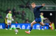 19 April 2025; Ciarán Frawley of Leinster warms up before the United Rugby Championship match between Leinster and Ulster at the Aviva Stadium in Dublin. Photo by Brendan Moran/Sportsfile
