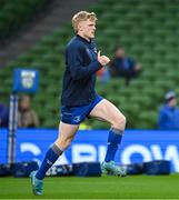19 April 2025; Tommy O'Brien of Leinster warms up before the United Rugby Championship match between Leinster and Ulster at the Aviva Stadium in Dublin. Photo by Brendan Moran/Sportsfile