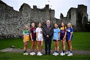 19 April 2025; Leinster LGFA president Arthur Corrigan, centre, with, from left, Offaly captain Faith McDermott, Westmeath captain Aoife Keegan, Kildare captain Tara Rafferty, Dublin captain Charlie Murphy, Wexford captain Kaylee Doyle and Laois captain Faye Brown during the Leinster LGFA Minor Championship Captain's Evening at Trim Castle. Leinster LGFA Minor Captains’ gathered ahead of the 2025 Minor Championship Finals on 19th April at Trim Castle in Navan, Meath. Photo by Ben McShane/Sportsfile