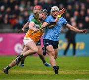 19 April 2025; Cathal King of Offaly in action against Andy Dunphy of Dublin during the Leinster GAA Hurling Senior Championship Round 1 match between Dublin and Offaly at Parnell Park in Dublin. Photo by Ray McManus/Sportsfile