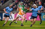 19 April 2025; Cathal King of Offaly in action against Andy Dunphy, 7, and Fergal Whitely of Dublin during the Leinster GAA Hurling Senior Championship Round 1 match between Dublin and Offaly at Parnell Park in Dublin. Photo by Ray McManus/Sportsfile