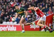 19 April 2025; Graham O'Sullivan of Kerry in action against Colm O'Callaghan of Cork during the Munster GAA Football Senior Championship semi-final match between Cork and Kerry at Supervalu Páirc Uí Chaoimh in Cork. Photo by Piaras Ó Mídheach/Sportsfile
