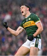 19 April 2025; David Clifford of Kerry celebrates after scoring a point during the Munster GAA Football Senior Championship semi-final match between Cork and Kerry at Supervalu Páirc Uí Chaoimh in Cork. Photo by Piaras Ó Mídheach/Sportsfile