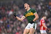 19 April 2025; David Clifford of Kerry celebrates after scoring a point during the Munster GAA Football Senior Championship semi-final match between Cork and Kerry at Supervalu Páirc Uí Chaoimh in Cork. Photo by Piaras Ó Mídheach/Sportsfile