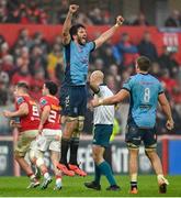 19 April 2025; Ruan Nortje of Vodacom Bulls celebrates at the final whistle after the United Rugby Championship match between Munster and Vodacom Bulls at Thomond Park in Limerick. Photo by David Fitzgerald/Sportsfile