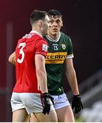 19 April 2025; David Clifford of Kerry eyes up Daniel O'Mahony of Cork after O'Mahony was shown a yellow for by referee Barry Tiernan after a tussle off the ball during the Munster GAA Football Senior Championship semi-final match between Cork and Kerry at Supervalu Páirc Uí Chaoimh in Cork. Photo by Piaras Ó Mídheach/Sportsfile