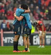 19 April 2025; Ruan Nortje, left, and Cameron Hanekom of Vodacom Bulls celebrate at the final whistle after the United Rugby Championship match between Munster and Vodacom Bulls at Thomond Park in Limerick. Photo by David Fitzgerald/Sportsfile