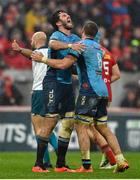 19 April 2025; Ruan Nortje, left, and Cameron Hanekom of Vodacom Bulls celebrate at the final whistle after the United Rugby Championship match between Munster and Vodacom Bulls at Thomond Park in Limerick. Photo by David Fitzgerald/Sportsfile