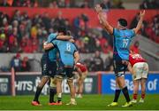19 April 2025; Ruan Nortje, left, and Cameron Hanekom of Vodacom Bulls celebrate at the final whistle after the United Rugby Championship match between Munster and Vodacom Bulls at Thomond Park in Limerick. Photo by David Fitzgerald/Sportsfile