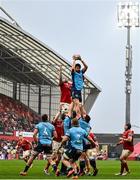 19 April 2025; Ruan Nortje of Vodacom Bulls wins possession ahead of Tadhg Beirne of Munster from a lineout during the United Rugby Championship match between Munster and Vodacom Bulls at Thomond Park in Limerick. Photo by David Fitzgerald/Sportsfile
