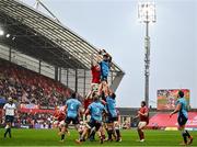 19 April 2025; Ruan Nortje of Vodacom Bulls wins possession ahead of Tadhg Beirne of Munster from a lineout during the United Rugby Championship match between Munster and Vodacom Bulls at Thomond Park in Limerick. Photo by David Fitzgerald/Sportsfile
