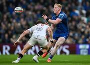19 April 2025; Jamie Osborne of Leinster in action against Jude Postlethwaite of Ulster during the United Rugby Championship match between Leinster and Ulster at the Aviva Stadium in Dublin. Photo by Sam Barnes/Sportsfile