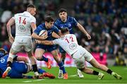 19 April 2025; Luke McGrath of Leinster is tackled by Stewart Moore of Ulster during the United Rugby Championship match between Leinster and Ulster at the Aviva Stadium in Dublin. Photo by Brendan Moran/Sportsfile