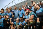 19 April 2025; Vodacom Bulls players celebrate after the United Rugby Championship match between Munster and Vodacom Bulls at Thomond Park in Limerick. Photo by David Fitzgerald/Sportsfile