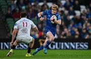 19 April 2025; Tommy O’Brien of Leinster in action against Jacob Stockdale of Ulster during the United Rugby Championship match between Leinster and Ulster at the Aviva Stadium in Dublin. Photo by Sam Barnes/Sportsfile