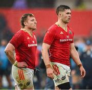 19 April 2025; Jack Crowley, right, and Rory Scannell of Munster after the United Rugby Championship match between Munster and Vodacom Bulls at Thomond Park in Limerick. Photo by David Fitzgerald/Sportsfile