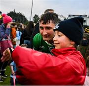 19 April 2025; Oisin Kelly of Offaly poses for a selfie with an Offaly supporters after the Leinster GAA Hurling Senior Championship Round 1 match between Dublin and Offaly at Parnell Park in Dublin. Photo by Ray McManus/Sportsfile