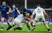19 April 2025; James Culhane of Leinster is tackled by Ulster players Andrew Warwick, left, and Alan O’Connor during the United Rugby Championship match between Leinster and Ulster at the Aviva Stadium in Dublin. Photo by Brendan Moran/Sportsfile