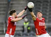 19 April 2025; Colm O'Callaghan of Cork, right, and team-mate Paul Walsh go for the ball during the Munster GAA Football Senior Championship semi-final match between Cork and Kerry at Supervalu Páirc Uí Chaoimh in Cork. Photo by Piaras Ó Mídheach/Sportsfile