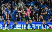 19 April 2025; Tommy O’Brien of Leinster, second from left, celebrates with team-mates after scoring his side's first try during the United Rugby Championship match between Leinster and Ulster at the Aviva Stadium in Dublin. Photo by Brendan Moran/Sportsfile